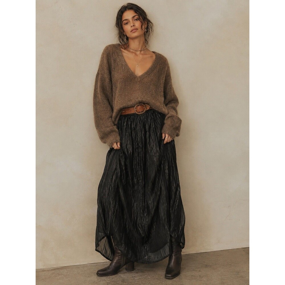 Free People Black Sheen Crinkled Maxi Vera City Skirt Pleated Gothic Romantic 12